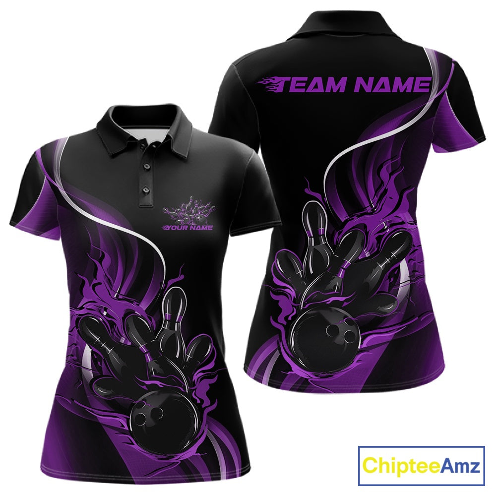 Front and back mockup of women’s black and purple polo shirt featuring flame bowling ball striking pins in striking, energetic apparel design.