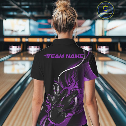 Female model back view at bowling lane wearing a black and purple polo shirt with flaming bowling ball hitting pins in bold athletic motion design.