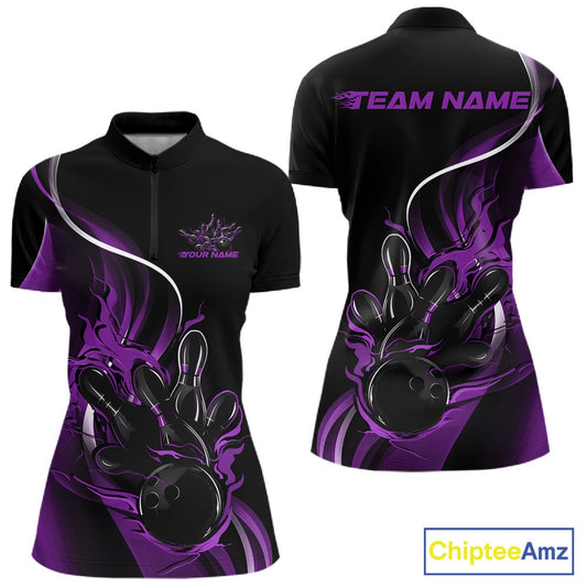 Womens quarter zip bowling shirt mockup, black and purple version with flaming bowling ball striking pins vibrant action illustration