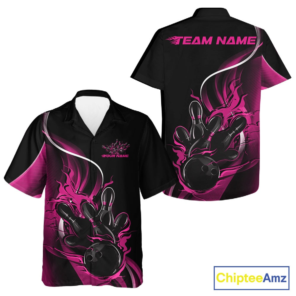 Front and back view of a black and pink button-up bowling shirt mockup featuring flame bowling ball and pins design with vibrant sporty graphics.