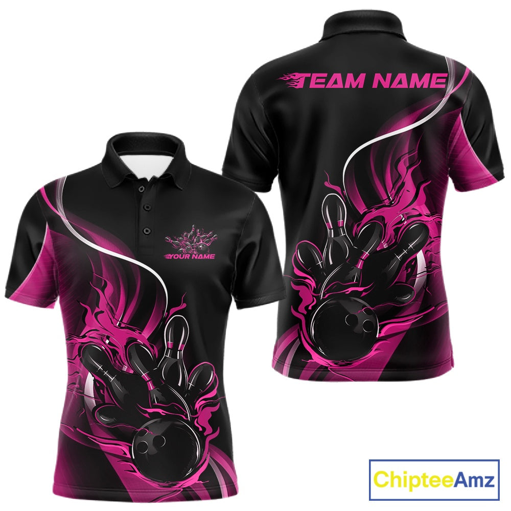 Front and back view mockup of a men’s black and pink polo shirt featuring a flame bowling ball striking pins in a bold and colorful sports apparel design.