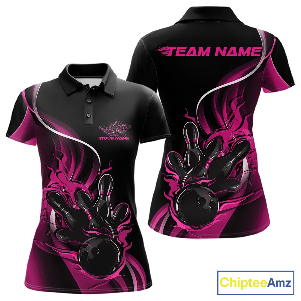 Front and back mockup of women’s black and pink polo shirt featuring flame bowling ball striking pins in bold, colorful sportswear design.