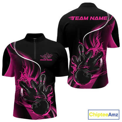 Mens quarter zip bowling shirt mockup, black and pink colorway with flaming bowling ball striking pins dynamic illustration