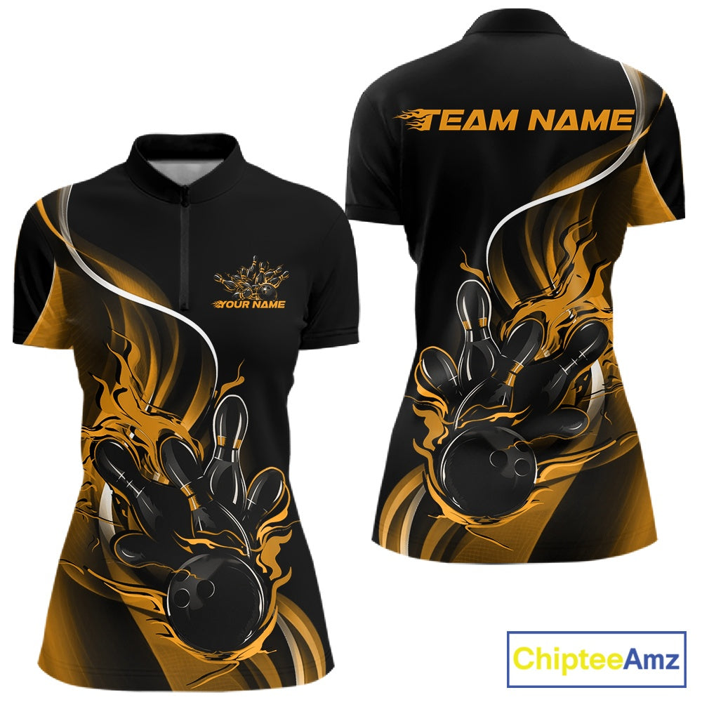 Womens quarter zip bowling shirt mockup, black and yellow version showcasing flaming bowling ball striking pins dynamic graphics