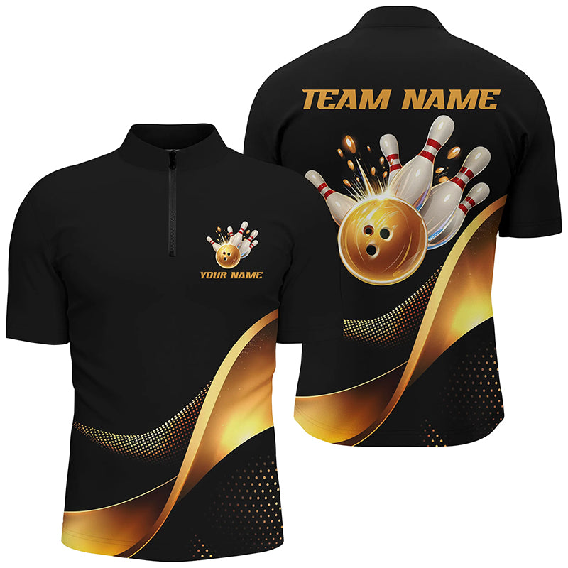 Black And Gold Bowling Ball And Pins Custom Bowling Shirts Bowling Team Tournament Jerseys IPHW6615