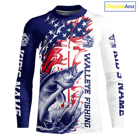 Custom Patriotic Walleye Kid Long Sleeve Fishing Shirts, Red White And Blue Fishing Shirt IPHW9130