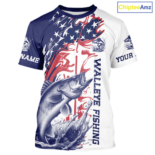 Custom Patriotic Walleye Fishing T-Shirts, Red White And Blue Fishing T-Shirt IPHW9130