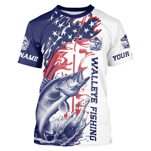 Custom Patriotic Walleye Fishing T-Shirts, Red White And Blue Fishing T-Shirt IPHW9130