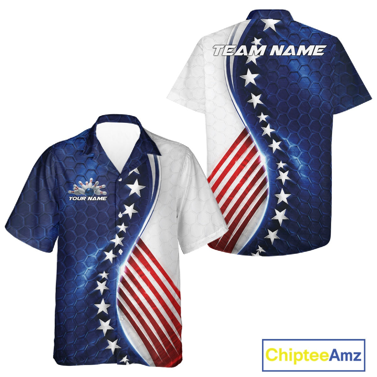 Custom Patriotic Bowling Shirt, Red White And Blue Hexagon American Flag Men And Women Hawaiian Shirt IPHW11640