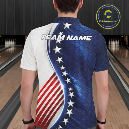 Custom Patriotic Bowling Shirt, Red White And Blue Hexagon American Flag Men Polo Shirt IPHW11640