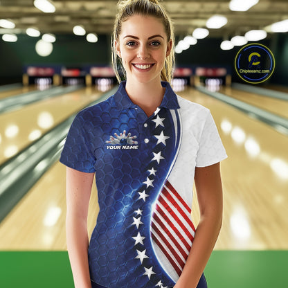 Custom Patriotic Bowling Shirt, Red White And Blue Hexagon American Flag Women Polo Shirt IPHW11640