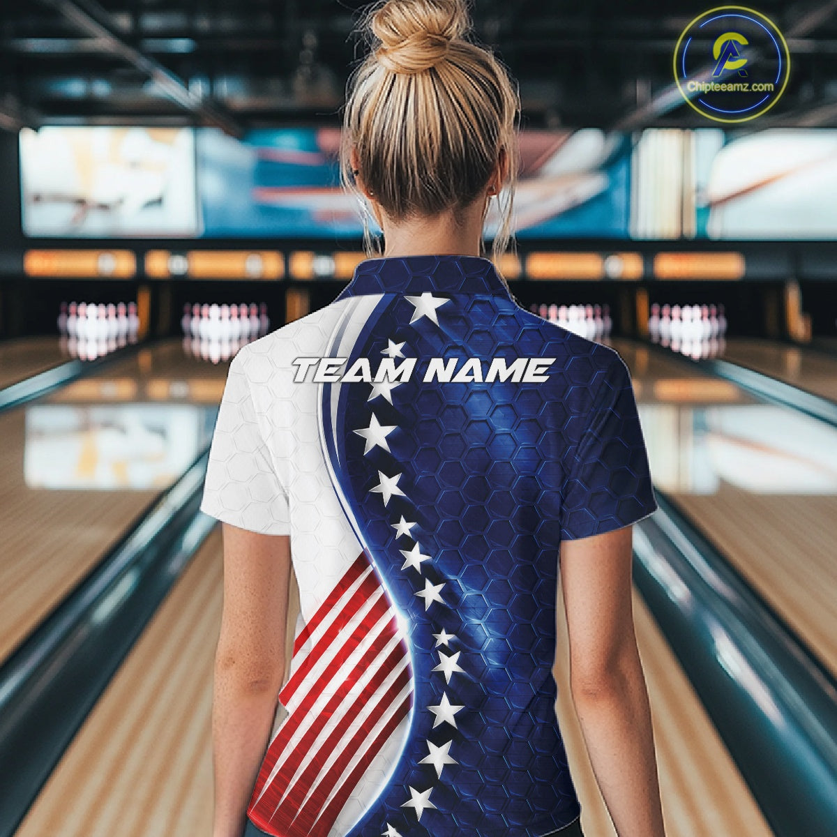 Custom Patriotic Bowling Shirt, Red White And Blue Hexagon American Flag Women Polo Shirt IPHW11640