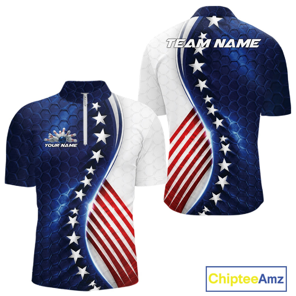 Custom Patriotic Bowling Shirt, Red White And Blue Hexagon American Flag Men Quarter Zip Shirt IPHW11640