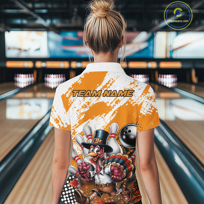 Custom Yellow Turkey Bowling Women Quarter-Zip Shirts, Funny Thanksgiving Bowling Shirts IPHW9717