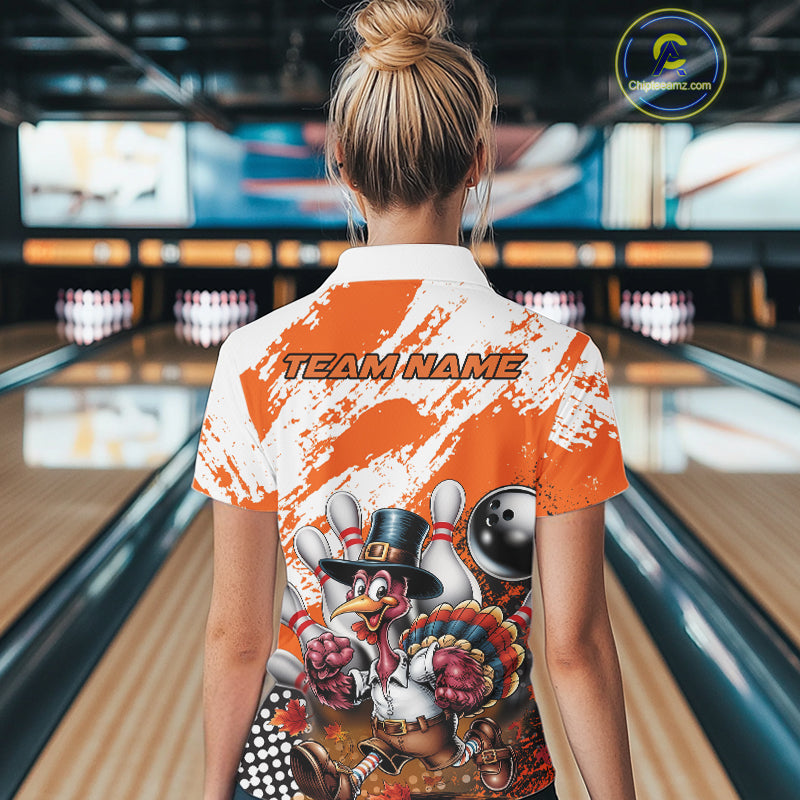 Custom Orange Turkey Bowling Women Polo Shirts, Funny Thanksgiving Bowling Team Shirts IPHW9718
