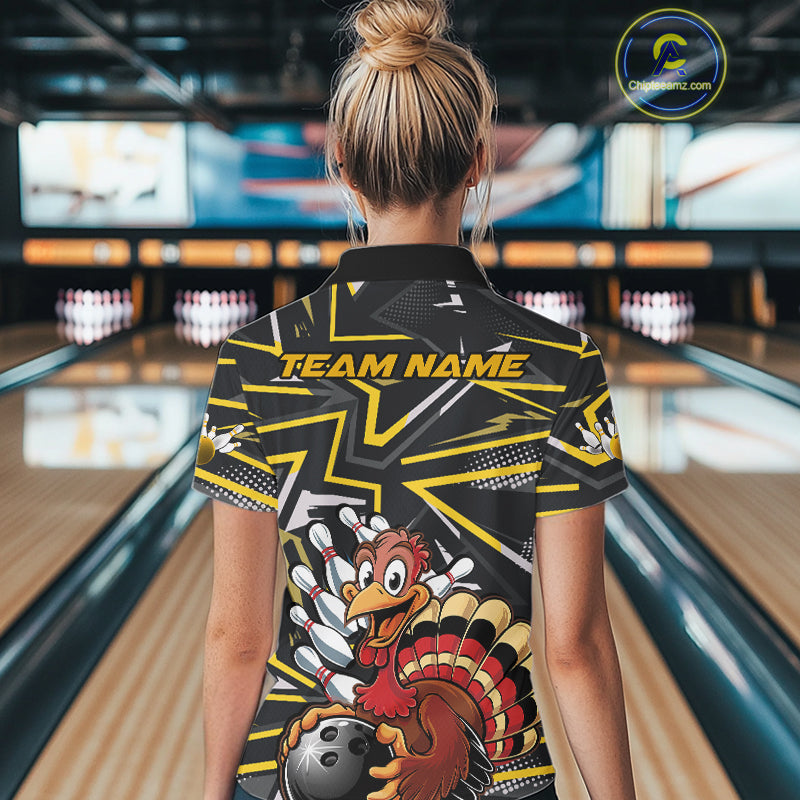 Custom Funny Turkey Bowling Jerseys, Yellow Thanksgiving Bowling Team Women Polo Shirt IPHW9722