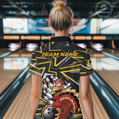 Custom Funny Turkey Bowling Jerseys, Yellow Thanksgiving Bowling Women Quarter-Zip Shirt IPHW9722