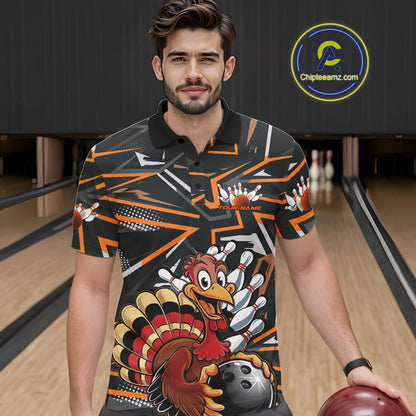 Custom Funny Turkey Bowling Jerseys, Orange Thanksgiving Bowling Team Men Polo Shirt IPHW9723