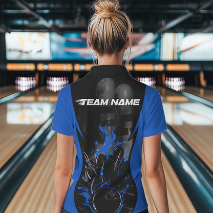 Custom Black And Blue Flame Bowling Polo Shirts For Women, Fire Bowling League Shirt IPHW8620