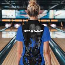 Load image into Gallery viewer, Custom Black And Blue Flame Bowling Quarter-Zip Shirts For Women, Fire Bowling League Shirt IPHW8620