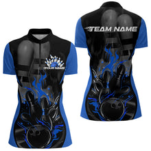 Load image into Gallery viewer, Custom Black And Blue Flame Bowling Quarter-Zip Shirts For Women, Fire Bowling League Shirt IPHW8620
