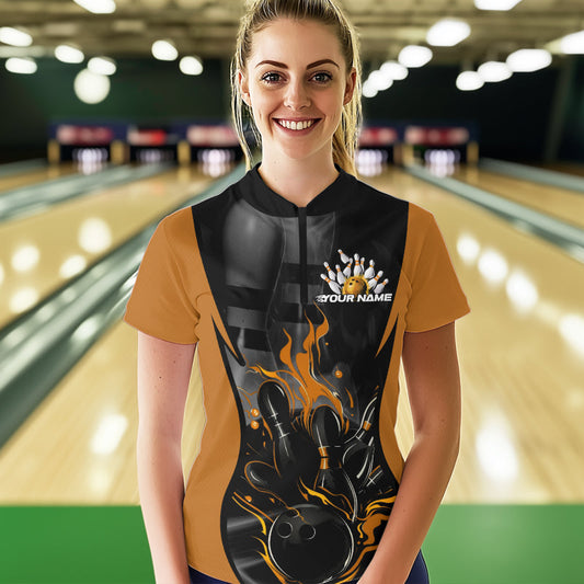 Custom Black And Yellow Flame Bowling Womens Quarter-Zip Shirt, Fire Bowling League Shirt IPHW8621