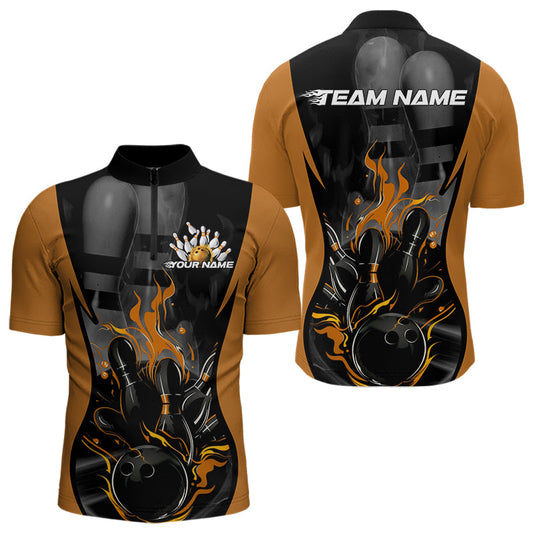 Custom Black And Yellow Flame Bowling Quarter-Zip Shirts For Men, Fire Bowling League Shirt IPHW8621