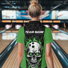 Load image into Gallery viewer, Custom Black And Green Flame Skull Bowling Womens Quarter-Zip Shirt, Fire Skull Bowling IPHW8628