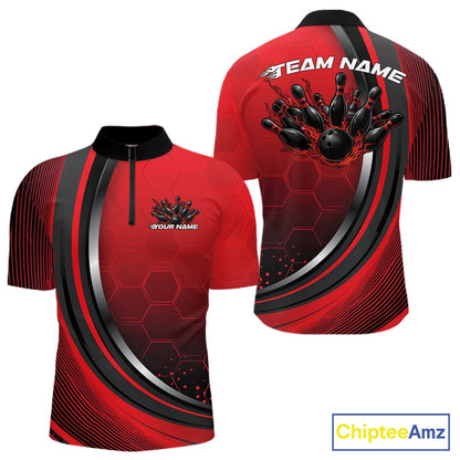 Front and back view of a mens bowling quarter zip shirt mockup in black and red, featuring honeycomb pattern with a flame bowling ball and pins design.