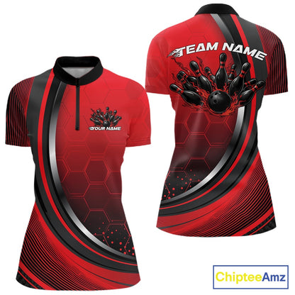 Front and back view of a women s black and red bowling quarter zip mockup featuring a honeycomb pattern and flaming bowling ball knocking down pins graphics.