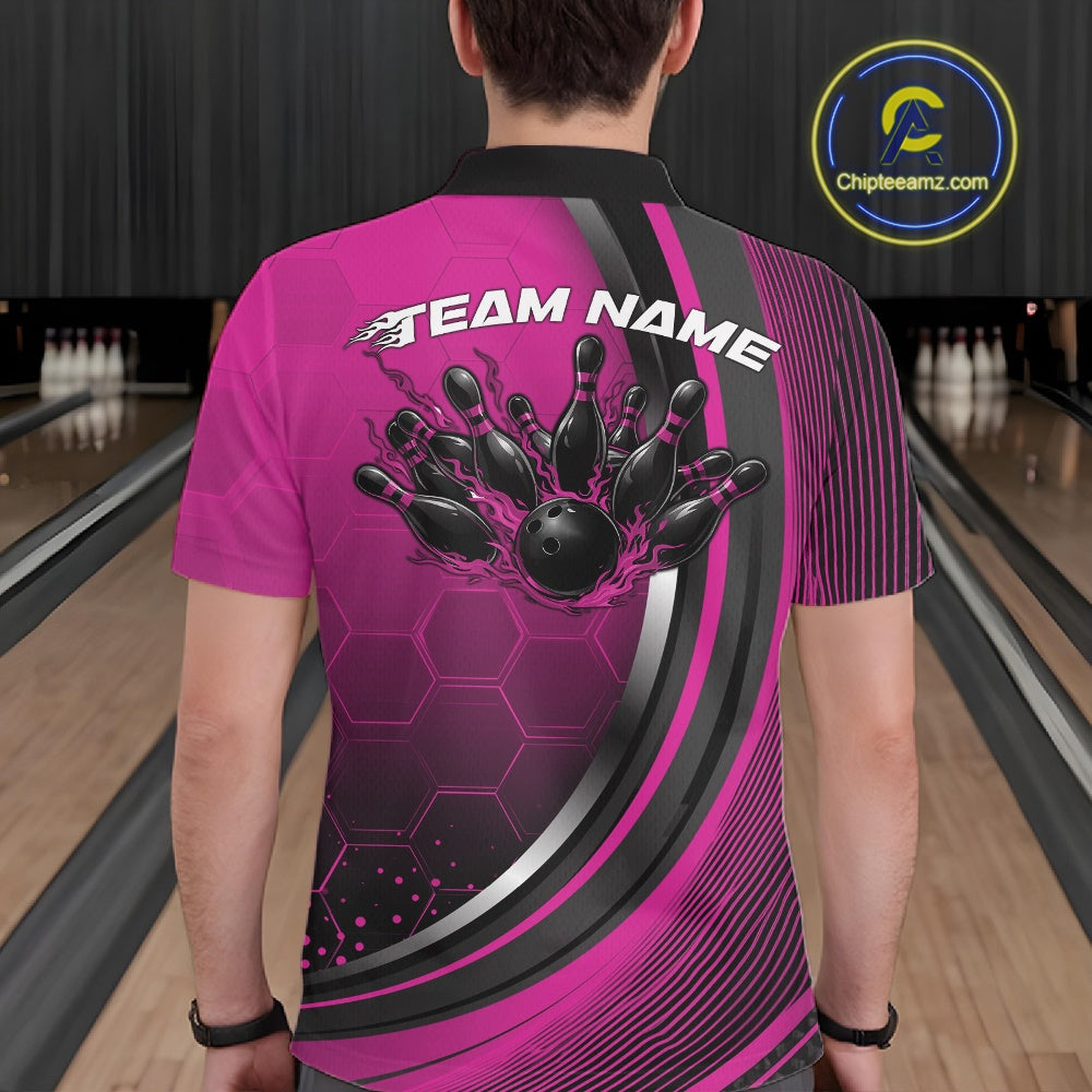 Back view of a male model in a bowling venue wearing a black and pink polo shirt, showcasing honeycomb texture and flame bowling action artwork.