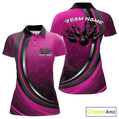 Front and back view of a womens bowling polo shirt mockup in black and pink, featuring honeycomb pattern with a flaming bowling ball striking pins.
