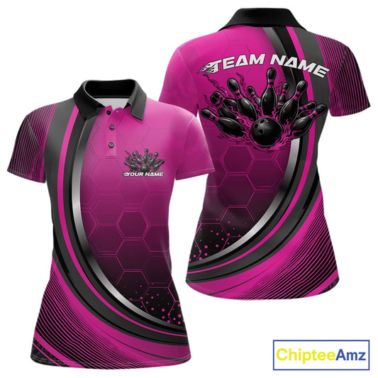 Front and back view of a womens bowling polo shirt mockup in black and pink, featuring honeycomb pattern with a flaming bowling ball striking pins.