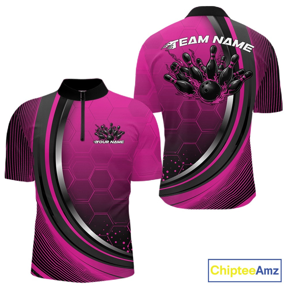 Front and back view of a mens bowling quarter zip shirt mockup in black and pink, featuring honeycomb pattern with a flame bowling ball and pins design.