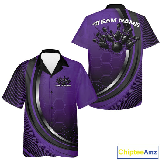 Front and back view of a button-up bowling shirt mockup in black and purple, featuring honeycomb pattern with a flaming bowling strike graphic.