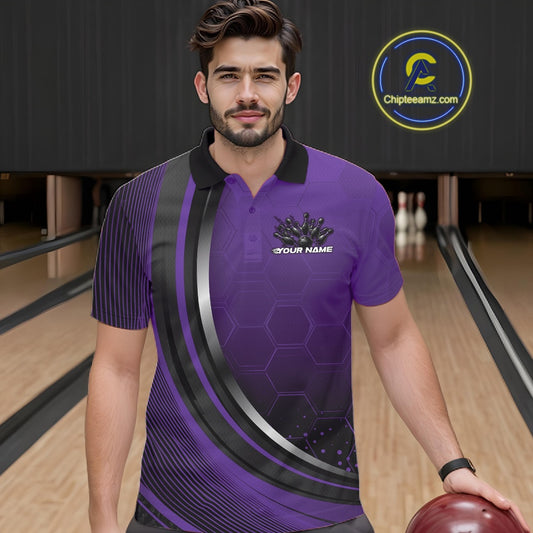 Male model in a bowling lane wearing a black and purple polo shirt with honeycomb accents and a dynamic flame bowling strike graphic.