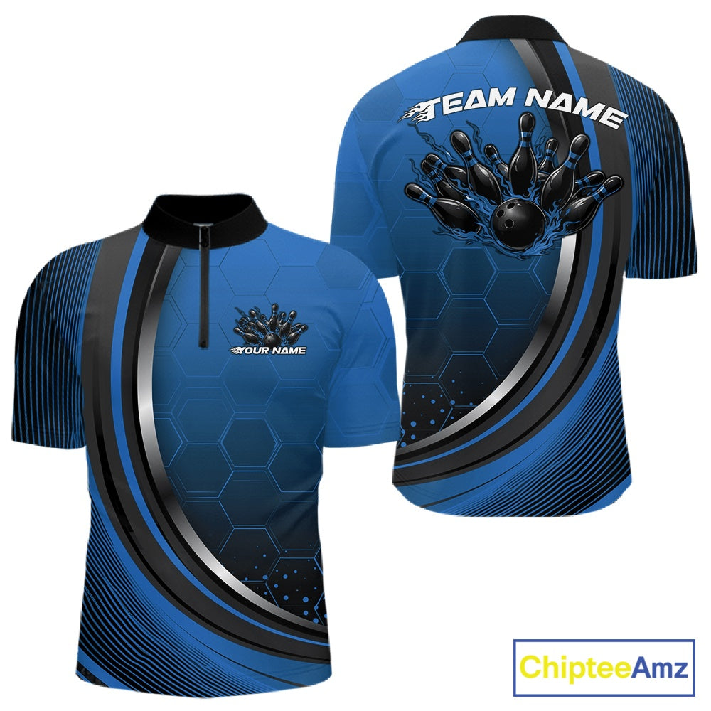 Front and back view of a mens bowling quarter zip shirt mockup in black and blue, featuring a honeycomb pattern with a flaming bowling ball and pins design.