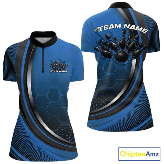 Front and back view of a black and blue women s bowling quarter zip mockup featuring honeycomb accents and flaming bowling ball and pins graphics.