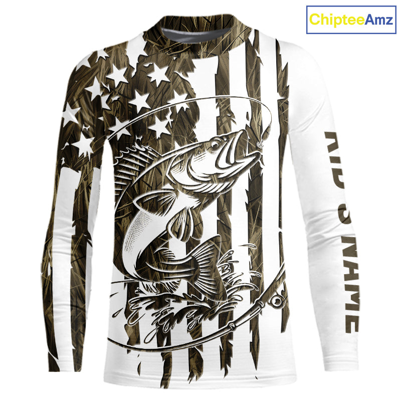 Custom Patrotic Walleye Kid Long Sleeve Camo Fishing Shirts, Walleye US Fishing Shirt IPHW9146