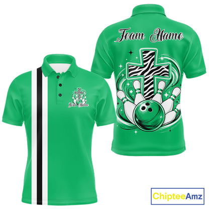 Personalized green bowling shirt with vibrant zebra pattern and faith cross graphic for men women and kids