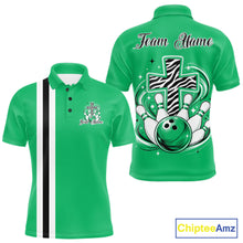 Load image into Gallery viewer, Personalized green bowling shirt with vibrant zebra pattern and faith cross graphic for men women and kids