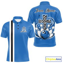 Load image into Gallery viewer, Personalized mid blue bowling shirt with vibrant zebra pattern and faith cross graphic for men women and kids