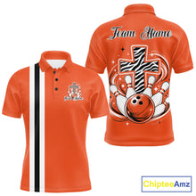 Load image into Gallery viewer, Personalized orange bowling shirt with vibrant zebra pattern and faith cross graphic for men women and kids