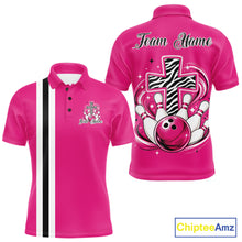 Load image into Gallery viewer, Personalized pink bowling shirt with vibrant zebra pattern and faith cross graphic for men women and kids