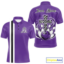 Load image into Gallery viewer, Personalized purple bowling shirt with vibrant zebra pattern and faith cross graphic for men women and kids