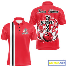 Load image into Gallery viewer, Personalized red bowling shirt with vibrant zebra pattern and faith cross graphic for men women and kids