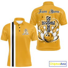 Load image into Gallery viewer, Personalized yellow bowling shirt with vibrant zebra pattern and faith cross graphic for men women and kids