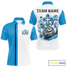 Load image into Gallery viewer, Custom cyan blue and white zebra print faith cross bowling league shirt for teams