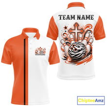 Load image into Gallery viewer, Custom orange and white zebra print faith cross bowling league shirt for teams