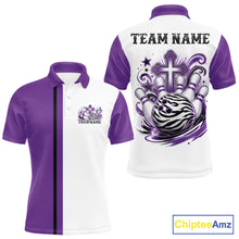 Load image into Gallery viewer, Custom purple and white zebra print faith cross bowling league shirt for teams